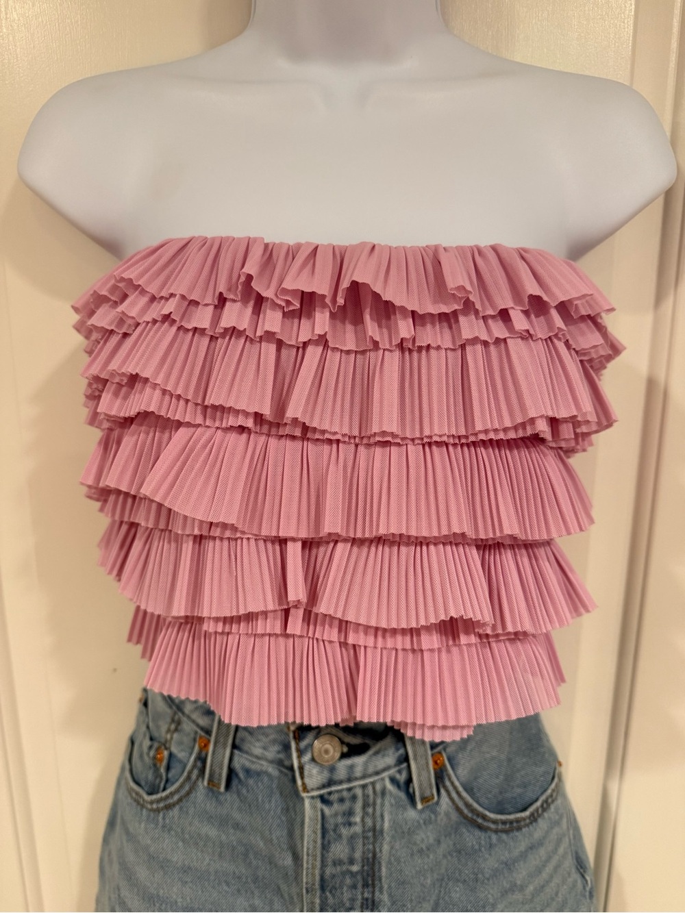 MARBLE Pink Layered tiered plissé ruffled tube top / new / large
